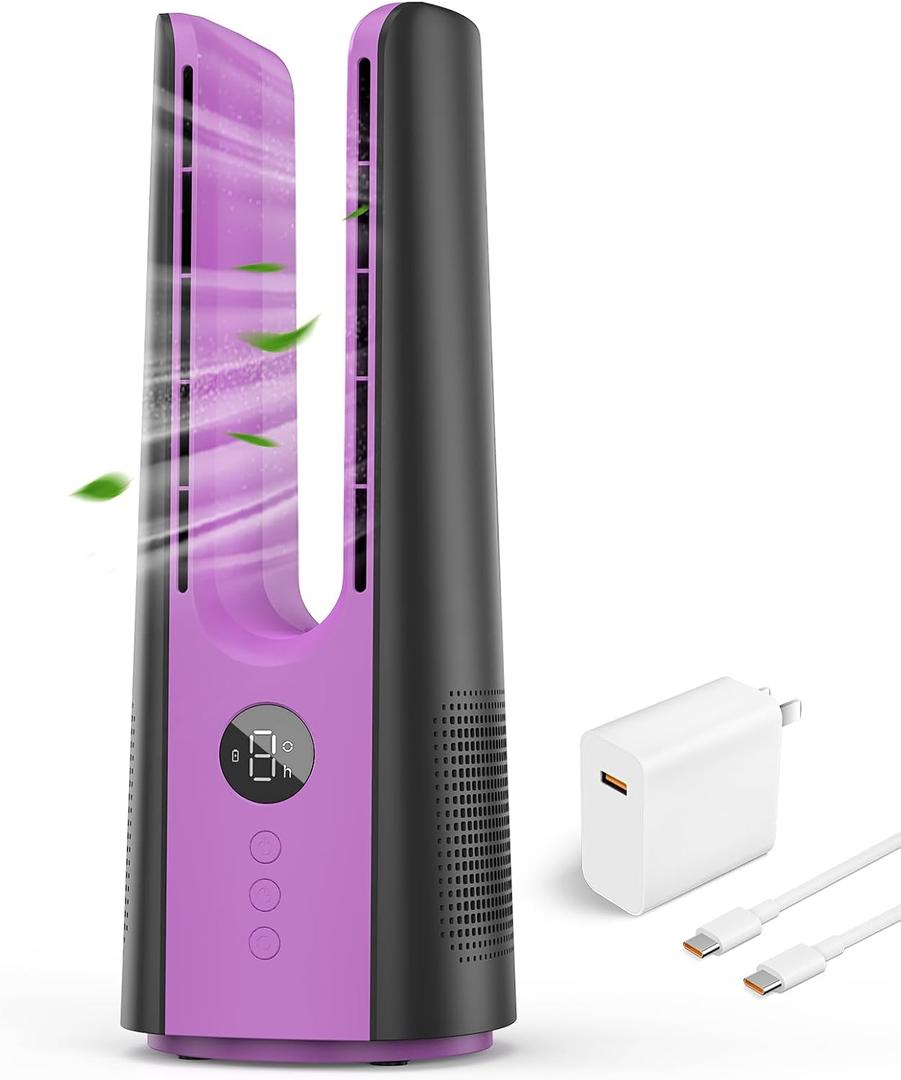 Desk Fan, 13 Inch Portable Bladeless Fan, Small Quiet Table Fan with 60Oscillating, 9 Speeds & 9H Timer, LED Display, Button Control, Easy to Clean, Personal Desktop Fan for Bedroom, Office (Gray+Purple)