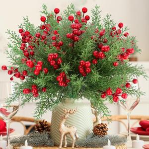 ICEROYCE 4 Bundles 140 Pcs Artificial Christmas Flowers with Red Berry Stems, Fake Norfolk Pine Garland Branches for Winter Decor, Faux Christmas Garland Tree Picks and DIY Crafts (Pine Foliage)