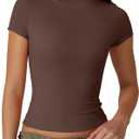 QINSEN Women's Crew Neck Short Sleeve Tees Double Lined Slim Fit T Shirt Basic Y2K Tops S