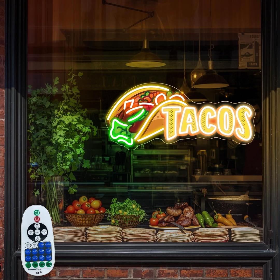 Tacos UV-printed Neon Kitchen Sign (Large Size 24''x11'') Walking Taco Bar Sign Mexican Food Gifts for Taco Lovers Restaurant Decorations Unique Gift Shop