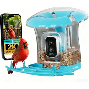Smart Bird Feeder with Camera, Solar Powered 3 L Capacity, 2K HD AI Identify Bird Species, Weatherproof Auto Video Recording, Real-Time Alerts, Ideal Gift for Tech Lovers and Parents (Blue)