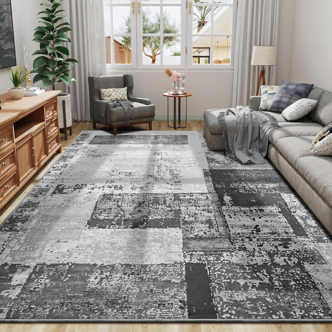 LOCHAS Rug for Living Room 6x9, Washable Soft Area Rugs for Bedroom, Abstract Carpet for Indoor Office Kids Dining Room Nursery Floor, Grey Geometric Vintage Home Decor, Non Slip, Pet Child Friendly