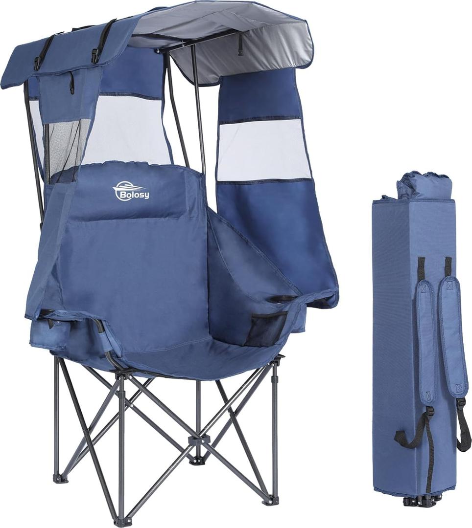 Camping Chair with Canopy Beach Chair with Canopy Shade Oversized Folding Canopy Chair for Camping, Beach, Picnics, Fishing, Sports - High Back, Padded Headrest, Cup Holder, Pocket - Support 400 LBS (Single Pack, Blue)