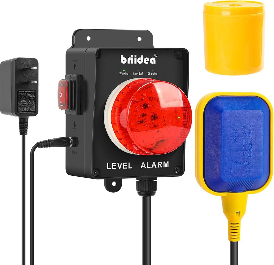 New Upgrade! Sump Pump Alarm, Briidea Indoor/Outdoor High Water Septic Tank Alarm with Dual Power Supply Design, 110dB Alarm, Large LED Indicator, AC Power Light Test Button 10ft Float Switch