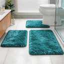 Shaggy Bathroom Rugs Set Plush Velvet Bath Rugs Non-Slip Bath Mat Set 3 Piece,Washable Mats,Absorbent Shaggy Rugs Super Soft U-Shaped Toilet Rug,Bahroom Carpets for Bathroom,Tub,Shower(Teal Blue