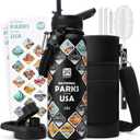 National Parks Water Bottle – 40 oz Insulated Stainless Steel Bottle with 63 Hand-Drawn Park Stickers, Carrier Bag, Strap & Gift Box – BPA-Free – Ideal for Hiking, Camping & Travel