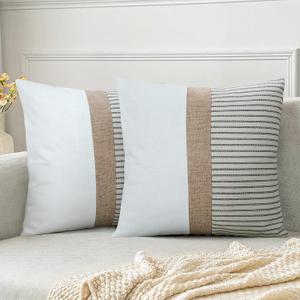 JASEN Farmhouse Pillow Covers 18x18, Modern Accent Square Throw Pillow Covers Set of 2, Grey and Beige Striped Patchwork Decorative Pillow Case for Sofa Couch Chair Bedroom