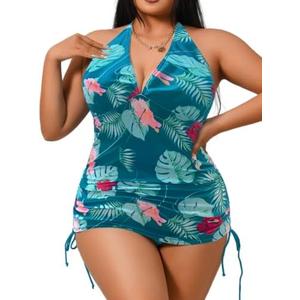 ChiaoLezhee Plus Size Tropical Halter Tankini, Sexy Cheeky Ruched Tummy Control, Curvy Womens Deep V Beach Vacation Swimsuit 5XL