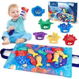 Montessori Fishing Game for Toddlers 1-3, Cloth Fishing Toys for Toddlers with Stacking Cups Educational Learning Toys - Number Counting, Color Sorting, Baby Sensory Toy for 6-12 Months, Baby Gifts