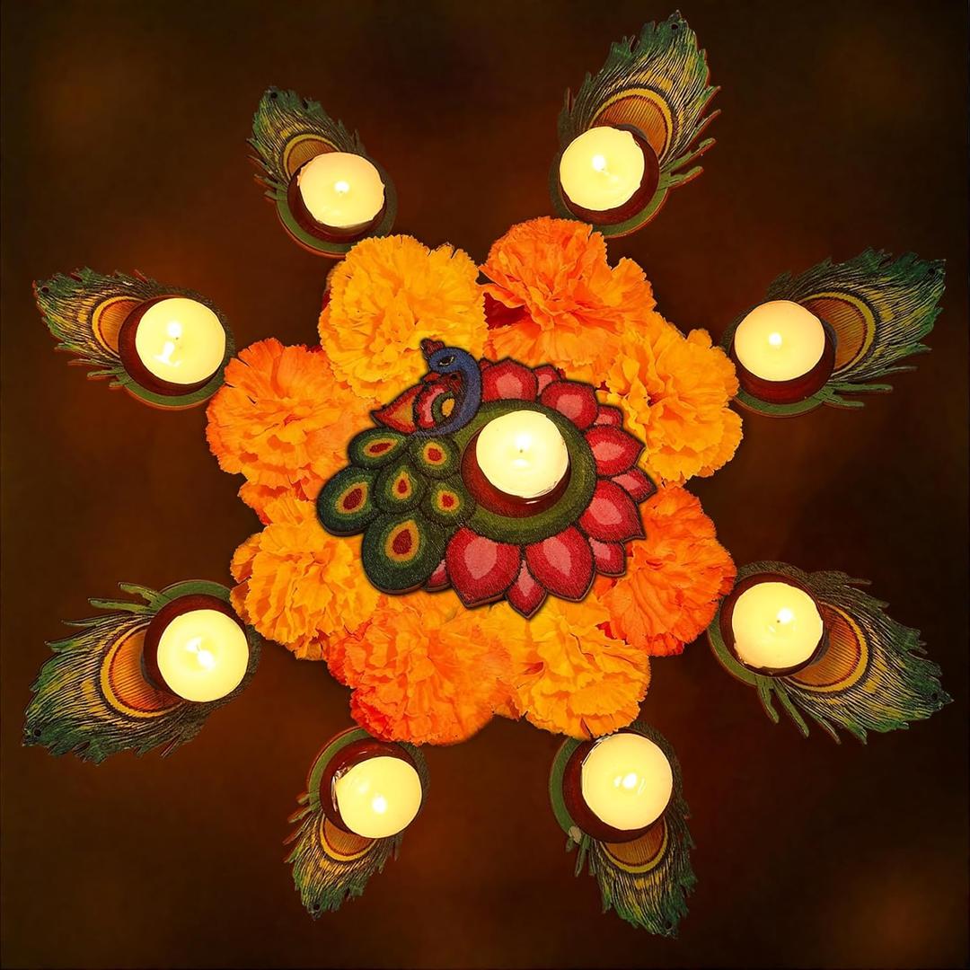 Bucherry 19 Pcs Diwali Peacock Decoration Peacock Candle Holder with Candles Wood Diwali Artificial Traditional Indian Decor for Indian Puja Home Outdoor Party Decoration