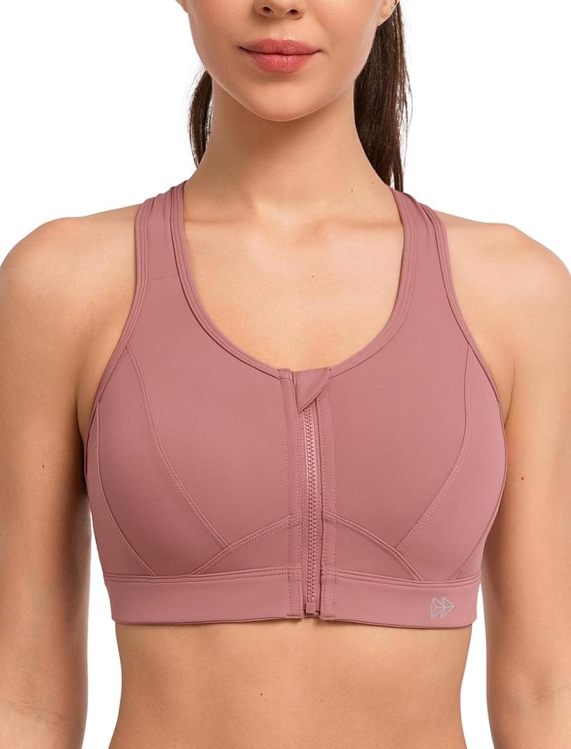 Yvette Zip Front Sports Bra - High Impact Sports Bras for Women Plus Size Workout Fitness Running (5X-Large Plus, Rouge Pink)