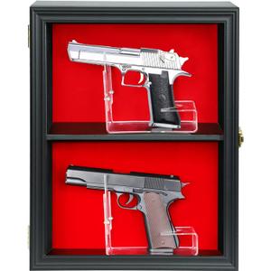HOROW 2 Handgun Pistol Revolver Gun Display Case Wall Mount Lockable Black Felt Wood Cabinet w/ 98% UV Protection Acrylic Clear Door Gun Shadow Box Stand Rack Holder