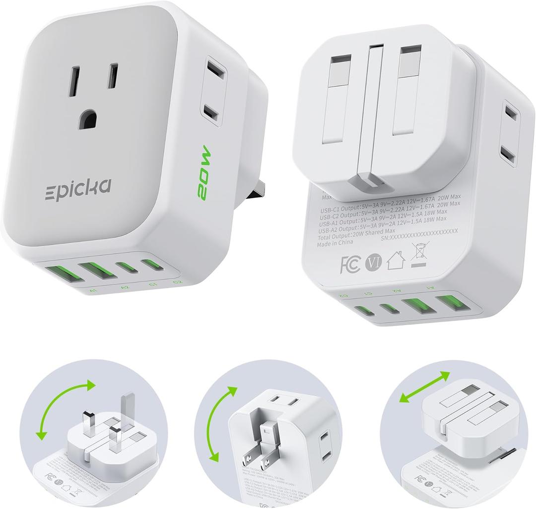 EPICKA Hybrid Travel Plug Adapter, 2 Packs Foldable & Detachable Type G (UK) VisaPlug, 8-in-1 International Power Adapter with 4 USB Ports (2 USB-C PD 20W), Travel Essentials for US to England