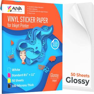 Printable Vinyl Sticker Paper - Waterproof Decal Paper for Inkjet Printer - 50 Self-Adhesive Sheets - Glossy White - Standard Letter Size 8.5"x11"