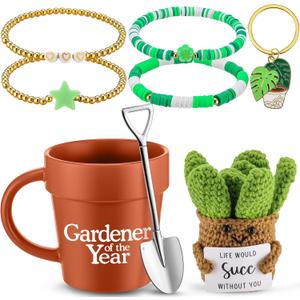 Didaey 5 Pcs Funny Gardener Gifts for Women Gardener of the Year Coffee Mug Crochet Succulent Bracelet Keychain Christmas Gifts for Men Women Mom Birthday Present