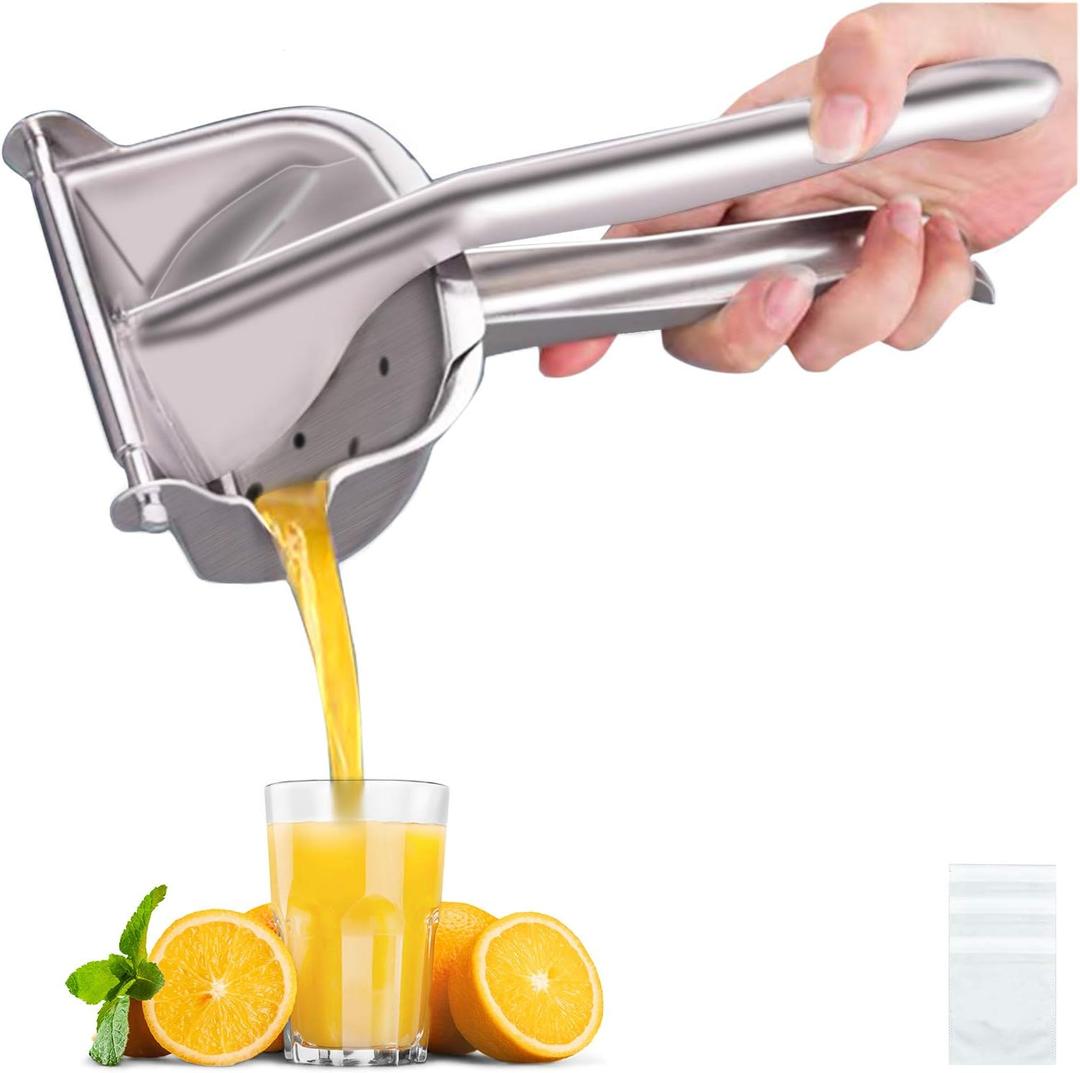 Real Stainless Steel Lemon Squeezer Citrus Juicer Hand Press Heavy Duty Manual Squeeze Juice Extractor Maker Orange Lime Grapefruit Presser - Bonus 50 Pcs Filter Bags (Large, silver)