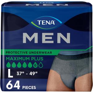 TENA Men Incontinence Protective Underwear for Men, Maximum Plus Absorbency, Bladder Control Adult Diaper, Large, 64 Count (4 Packs of 16count)