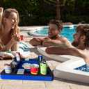 Floating Pool Games Table for Adults - All-in-One Drink Holder & Refreshment Station for Pool, Beach, Hot Tub,Waterproof Cards Included,Summer Party Essentials (Black-Blue, 19 * 19 Inch)