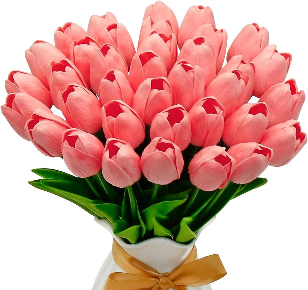 36 PCS White Tulips Artificial Flowers 13" PU Fake Flowers for Wedding Home Decor( Peach Coral)
