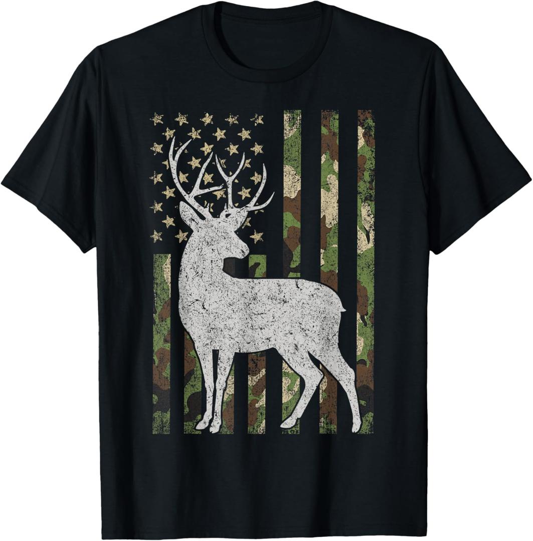 Whitetail Buck Deer Hunting Camouflage USA Flag 4th of July T-Shirt, S