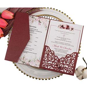 25 Sets Burgundy 250G Tri Fold Wedding Invitations Cards With Envelopes Inserts Greeting Laser Cut Pocket invites for Wedding Bridal Shower Birthday