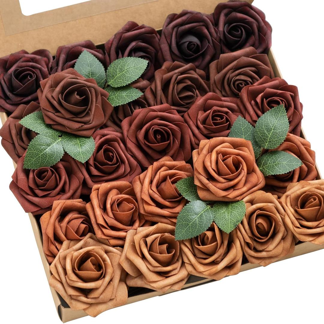 Ling's moment Artificial Flowers, 25Pcs 3" Roses in Terracotta Shades, Realistic DIY Foam Floral Decor for Wedding Bouquets/Centerpieces, Outdoor Party Backdrops, Room/Table, Garden/Pot Decorations
