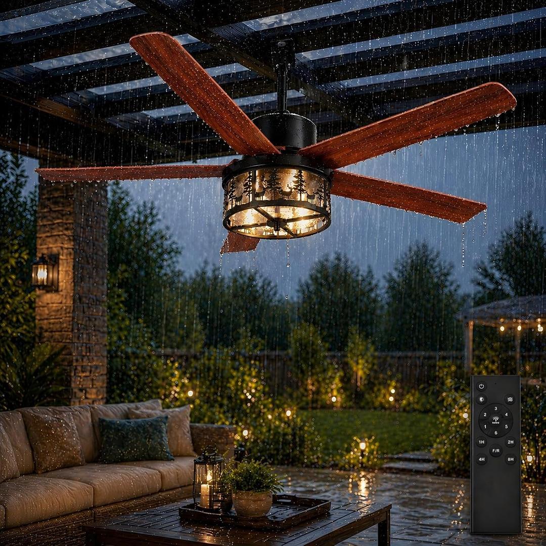 52 Inch Outdoor Farmhouse Rustic Ceiling Fan with Light, Rustic Deer Antler Ceiling Fan, IP65 Waterproof Ceiling Fan with Remote and Reversible Motor, Gazebo Fan for Patio, Porch, Bedroom Black, 52 inch