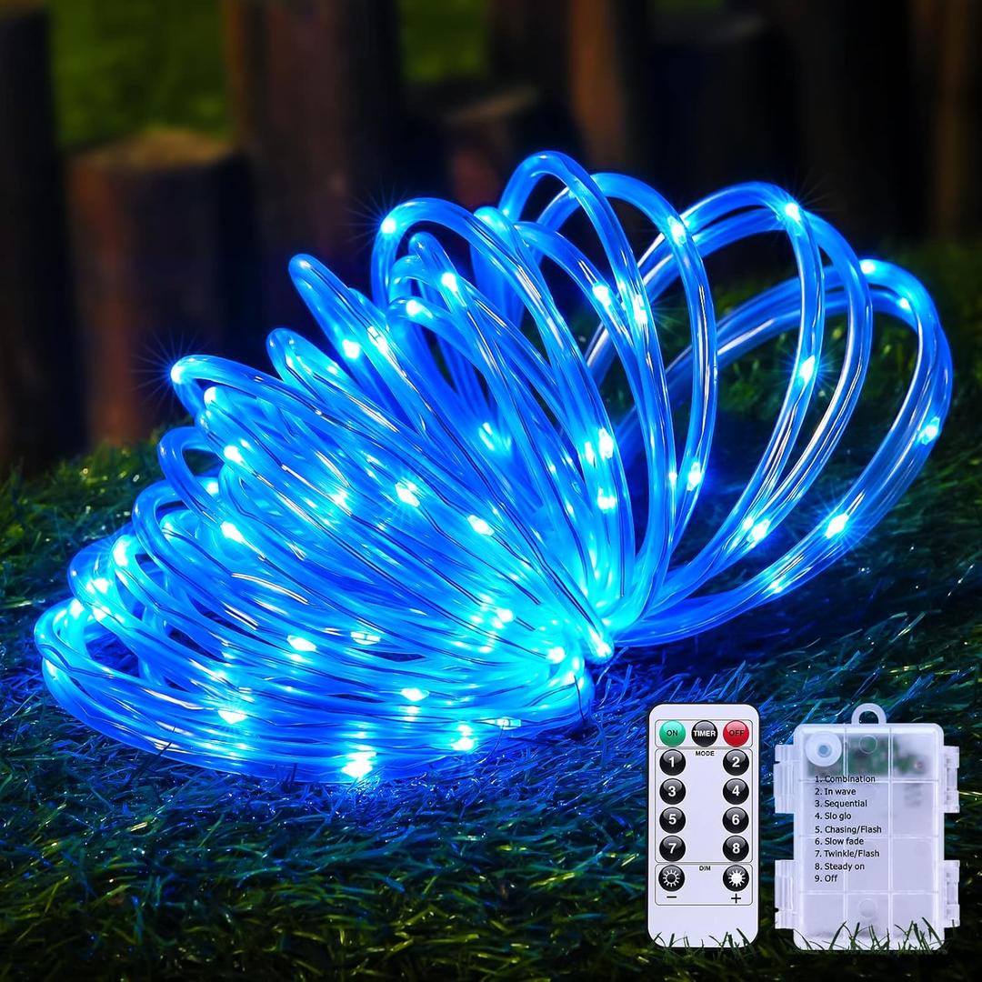 JMEXSUSS 100 LED Blue Battery Operated Rope Lights Outdoor Waterproof, 33ft 8 Modes Battery Christmas Light, Battery Powered String Lights with Remote for Trampoline Camping Canopy Tent Pool Decor