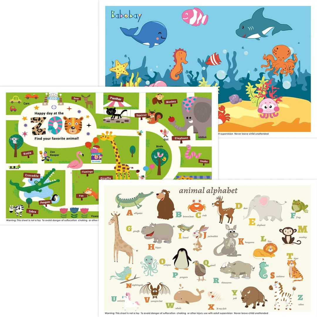 Babebay Disposable Placemats for Baby, 40 Pack Sticky Toddler Placemat for Restaurants, Dining Table, Party, Travel, 12" x 18" with 3 Designs (Animal Alphabet and Ocean)
