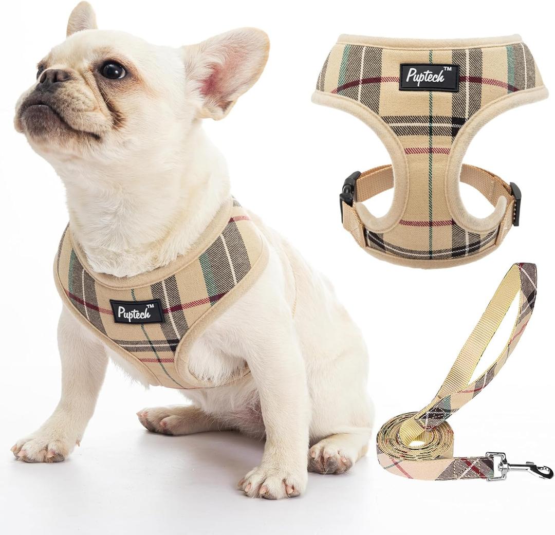 PUPTECK Soft Mesh Dog Harness Small Sized and Leash Set Pet Puppy Cat Comfort Padded Vest No Pull Harnesses, Beige, S (S (NECK: 12", CHEST: 14"-18"))