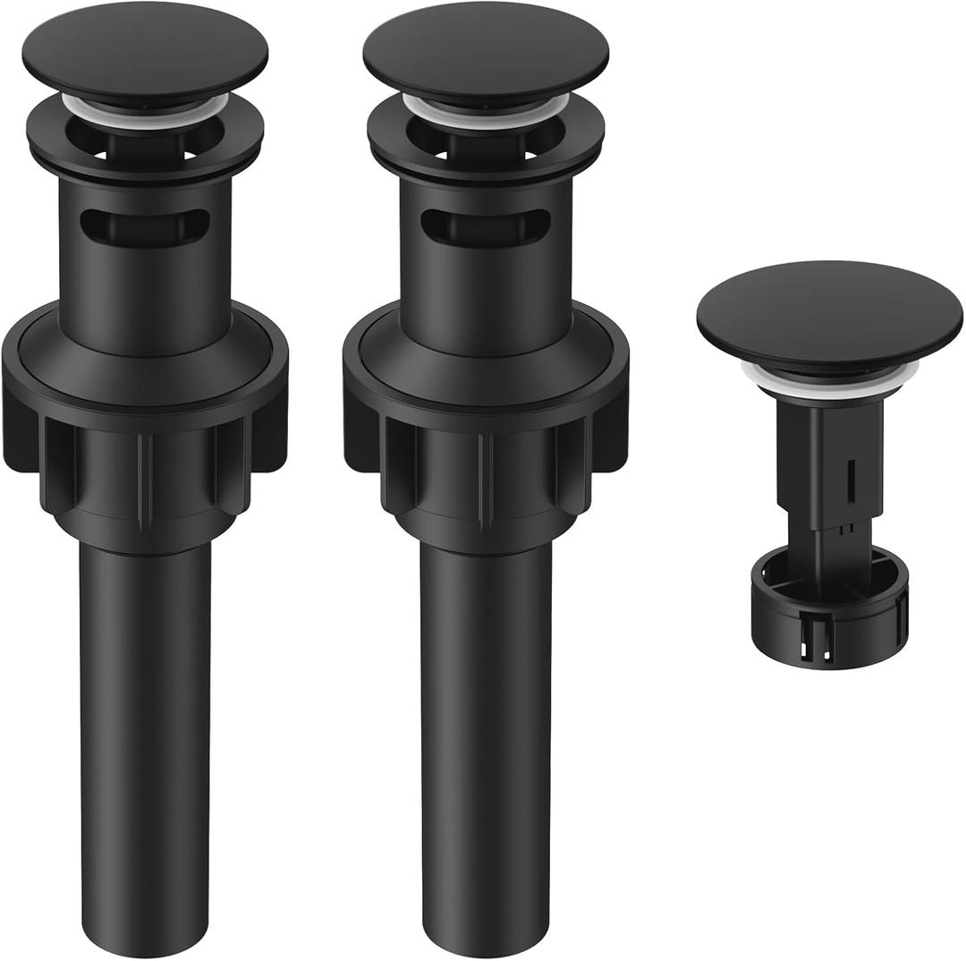 Bathroom Sink Drain with Overflow, Universal Bathroom Sink Stopper for Bathroom Vanity Vessel Sink, Rapid Draining Plastic Pop-up Sink Drain with Hair Catcher Anti-Clog Strainer, 2 Pack, Matte Black