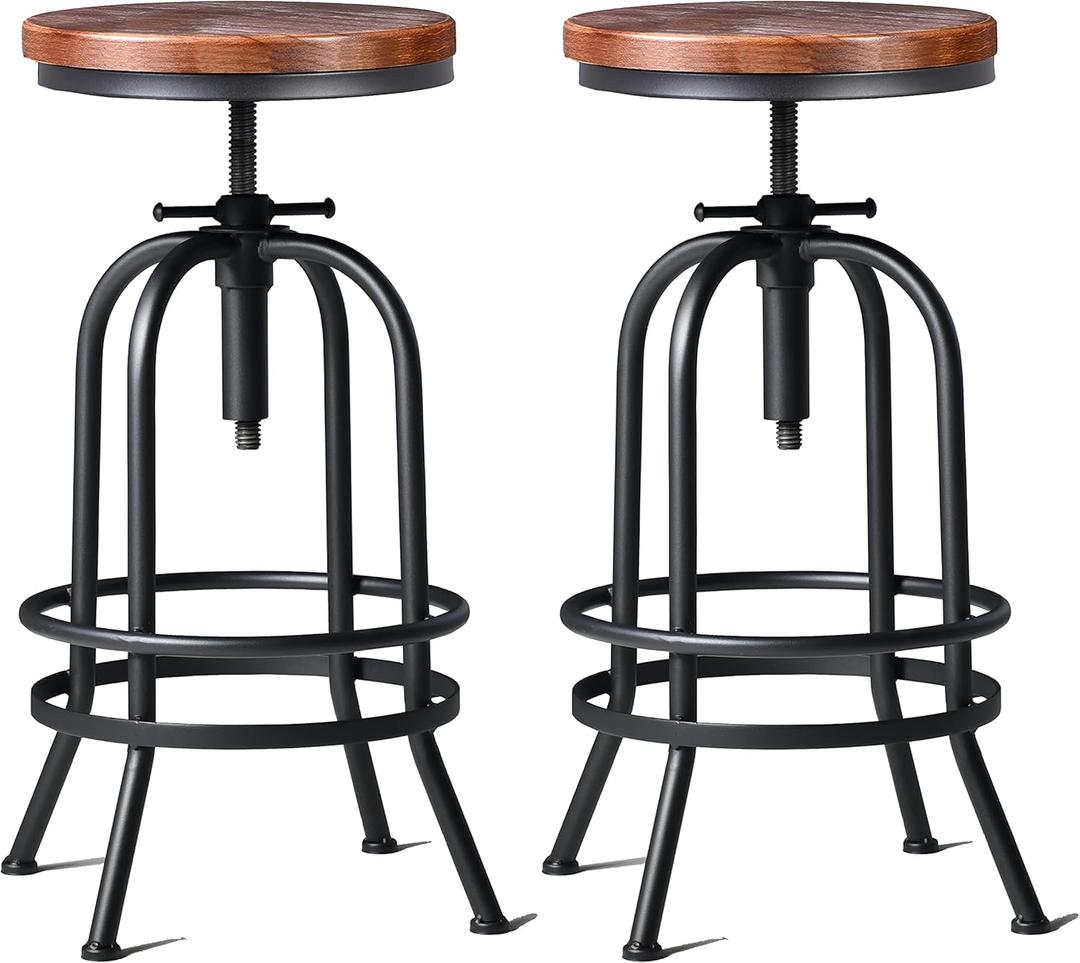 32 inch Vintage Industrial Bar Stool-Metal Wood Swivel Bar Stool-Retro Bar Height Stool-Counter Height Adjustable Kitchen Stools-Set of 2-Extra Tall Pub Height 26-32 Inch,Fully Welded(Black(2pcs))