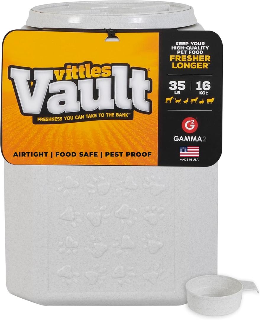 Vittles Vault Traditional Pet Food Storage Container For Dog Kibbles/Bird Seed/Oatmeal/Rice/Flour/Cereal, BPA Free Plastic, Sealed Airtight For Cat Food, Up To 35 lb, Made in USA, With Scoop, Gray, 35 Pounds