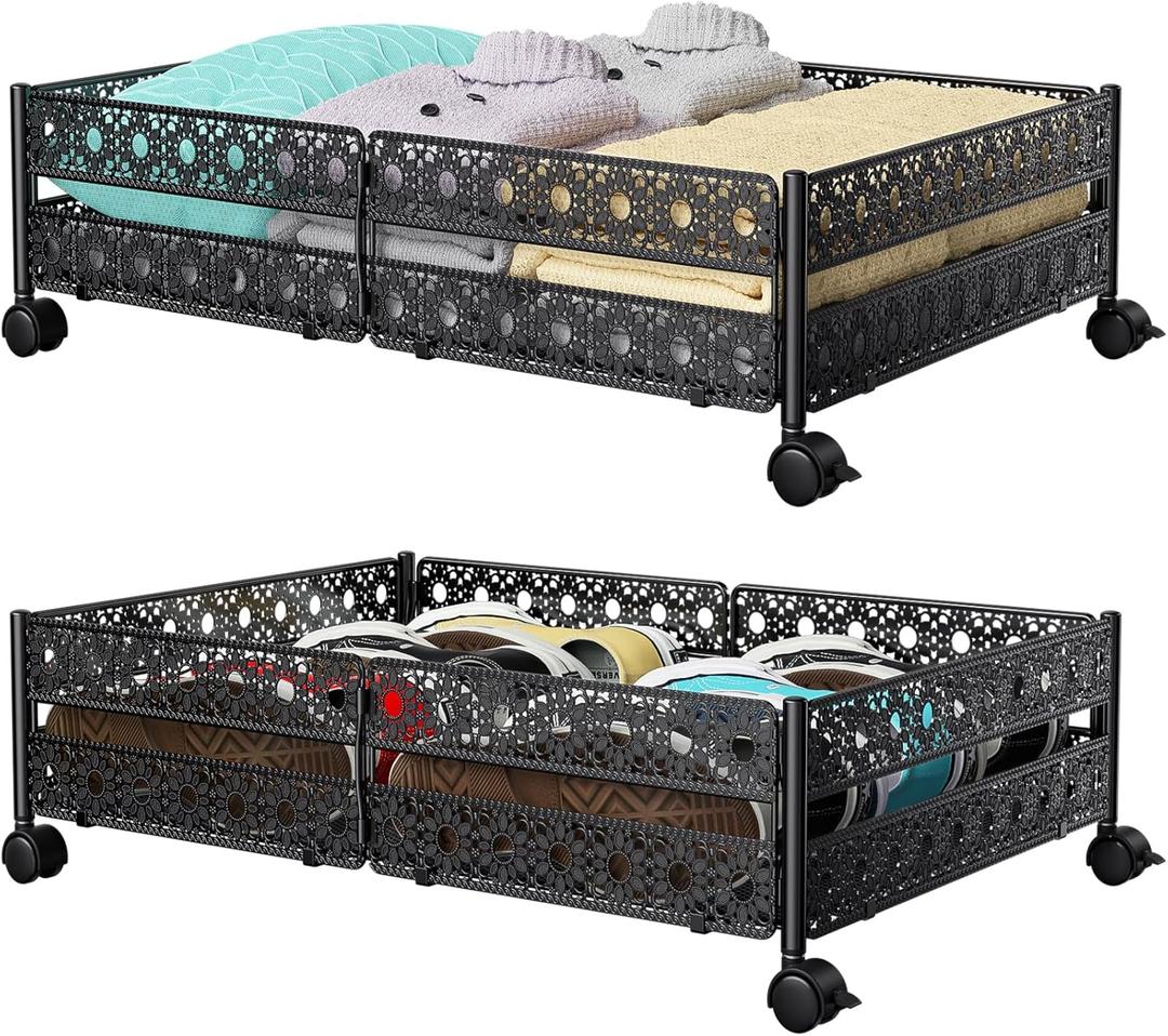 Under Bed Storage Containers with Wheels - Shoe Storage Organizer Drawer, Tool-free Assembly Metal Underbed Storage Containers for Bedroom Clothes, Shoes, Blankets - 2 Pack (Sunflower-Black)