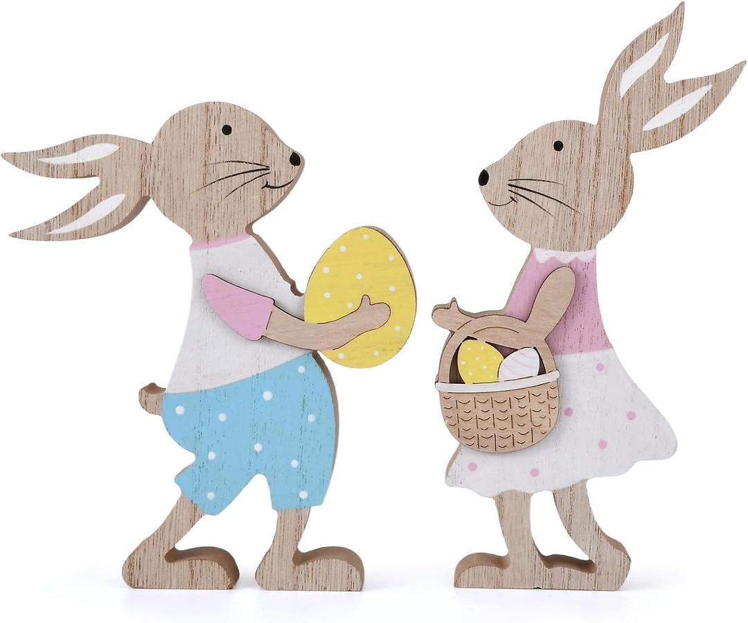 Easter Table Decor Bunny Decorations Wooden Spring Signs for Home, Wood Rabbit Tiered Tray, Mantal Decor for Farmhouse or Office Party Supplies