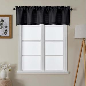 Lecloud Black Valances for Windows 1 Piece, Faux Linen Textured Short Kitchen Curtain for Small Windows with Dual Rod Pocket, Window Valance Curtain for Living Room Bedroom Cafe, 60" W x 14" L