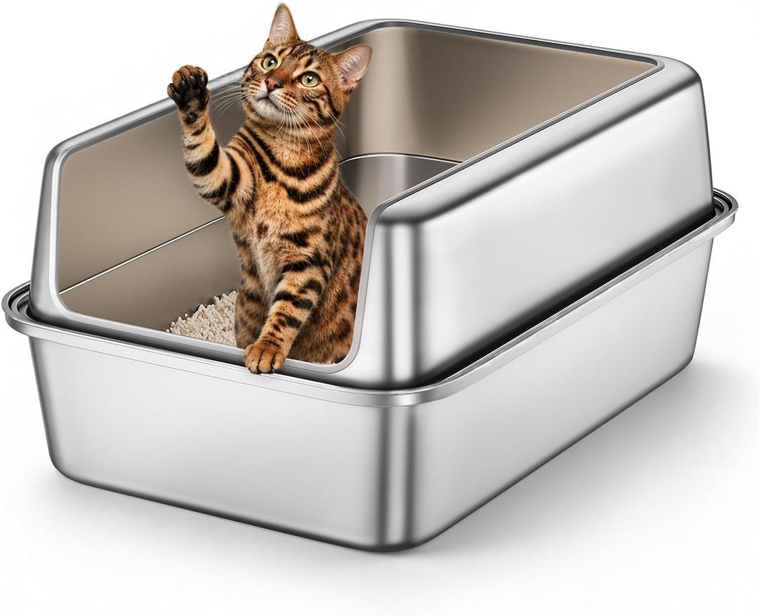 Stainless Steel Cat Litter Box, All-Metal Litter Box Enclosure, High Sides  23.6"L x 15.7"W x 11"H