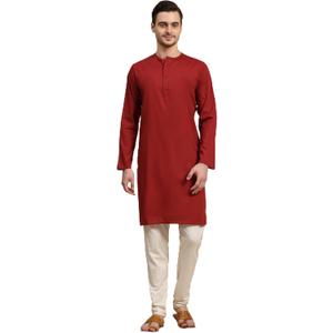 SKAVIJ Men's Pure Cotton Solid Kurta Pajama Set Round Neck Daily Wear Casual Yoga Dress (Red, XL)
