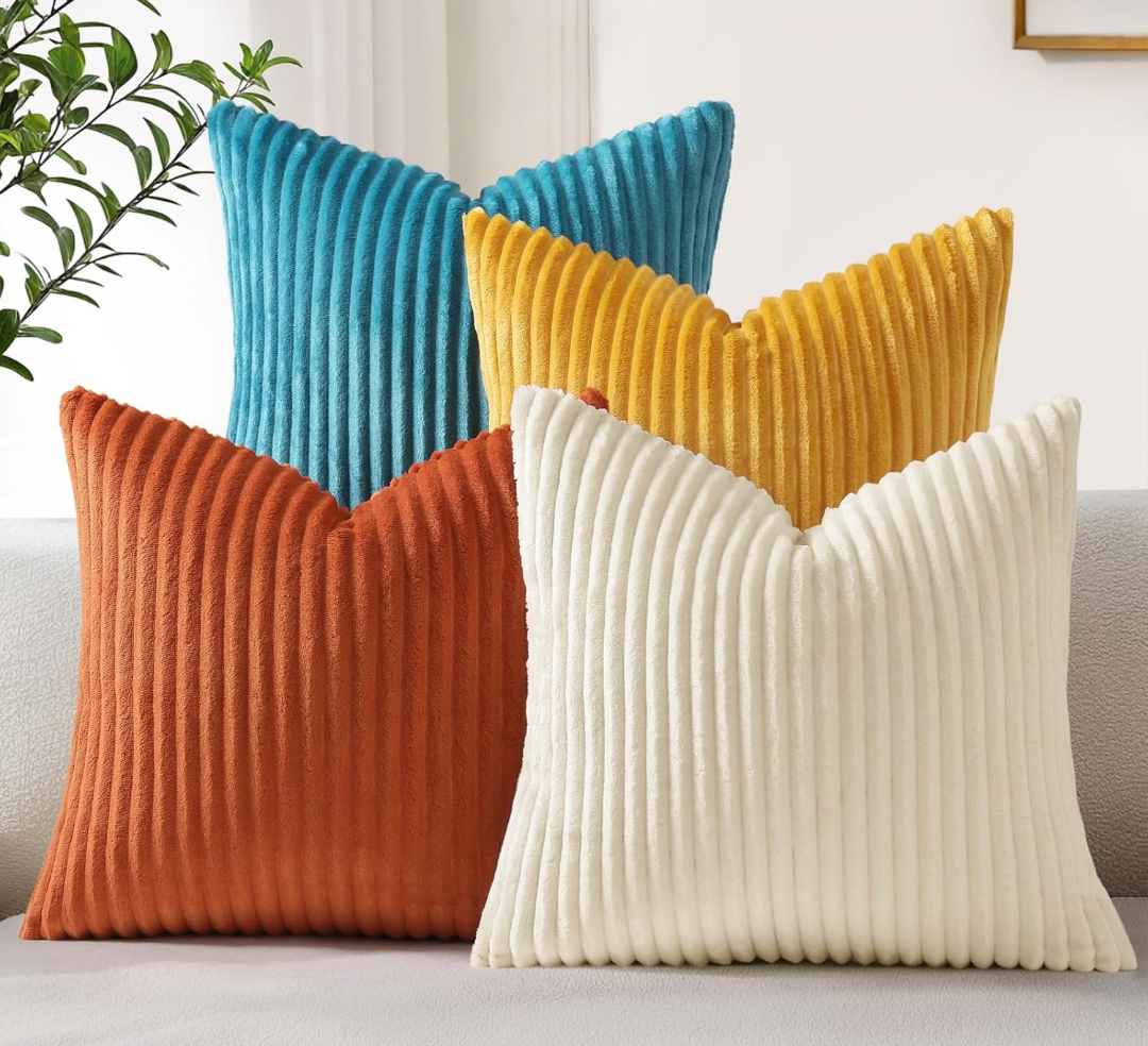 Topfinel Fall Burnt Orange Decorative Throw Pillows Covers 12×12 Inch Set of 4,Yellow Green Gradient Series Corduroy Striped Square Pillow Case,Western Modern Cushion Cover for Couch Sofa Bedroom
