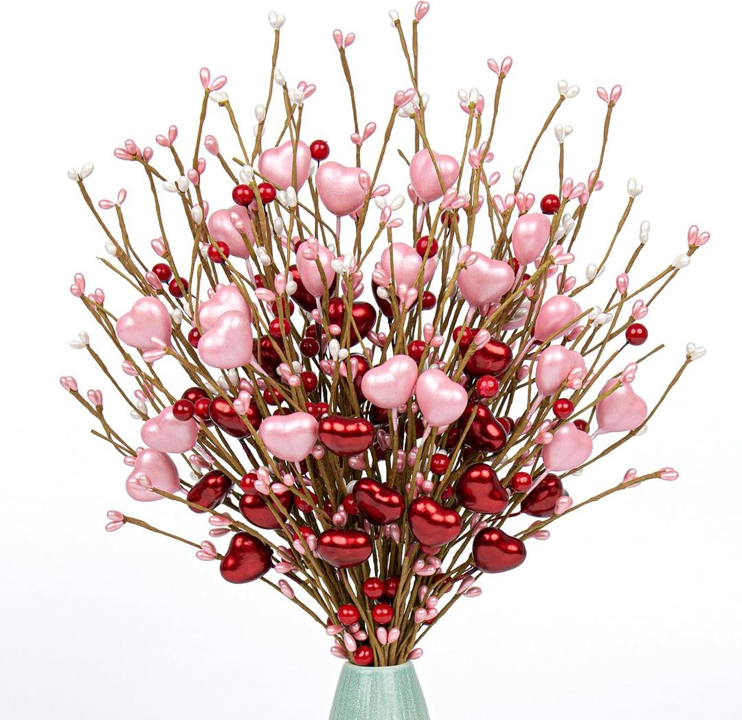 Valentines Day Gifts 24 Pack Valentine's Day Decorations Pearlescent Valentines Picks with Red and Pink Heart Shaped Berry for for Anniversary Wedding Candlelight Dinner