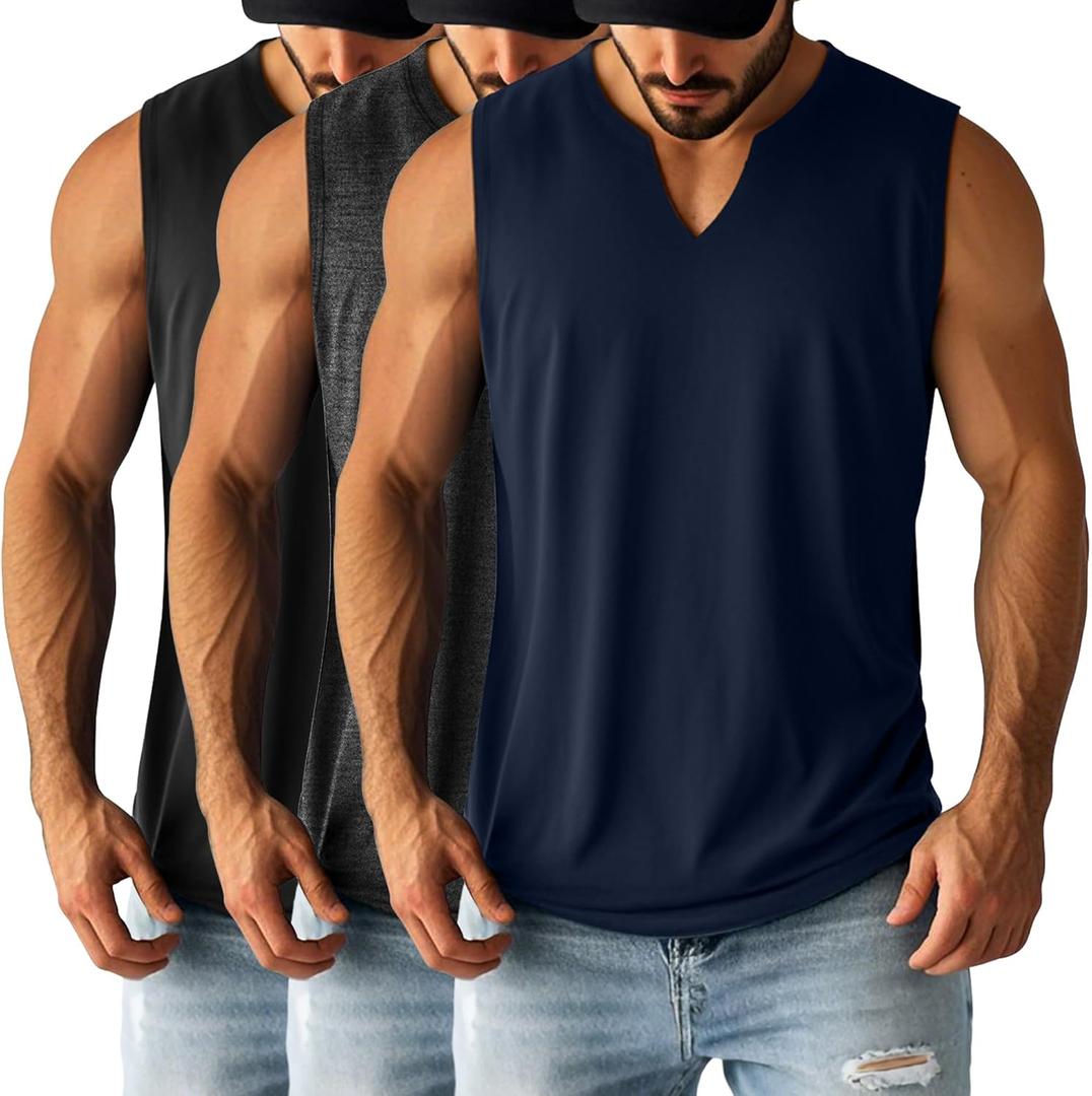 Ficerd 3 Pack Men's Big and Tall Muscle Tank Tops V Neck Sleeveless Shirts Plus Size Summer Casual Lightweight Tees (X-Large, Black, Dark Gray, Navy Blue)