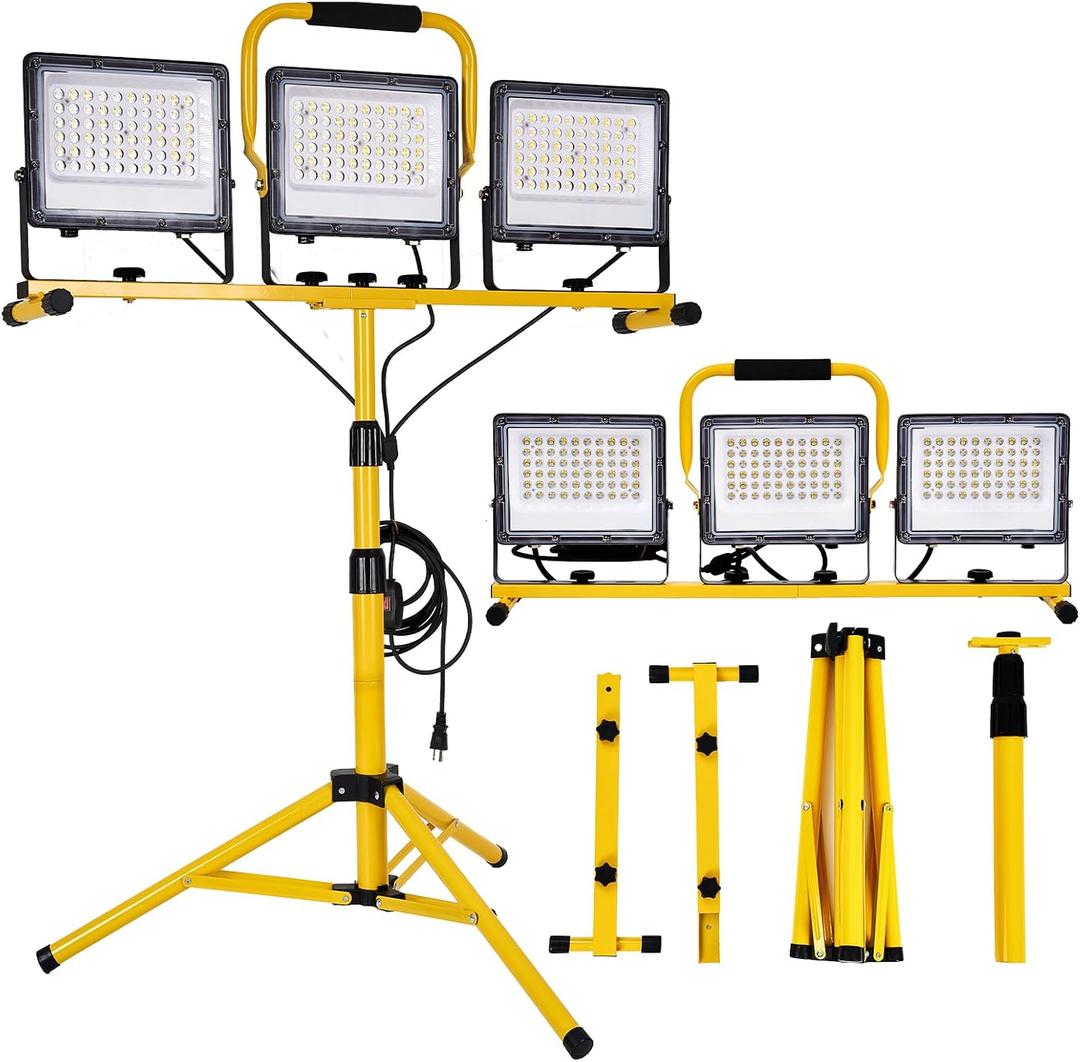 30000 Lumen LED Work Lights with Stand - 3 Adjustable Head Waterproof Foldable Tripod Light, 6500K Daylight (47-68" Height) & 18FT Cord - IP66 Rated for Construction Sites, Garage, Outdoor