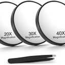 Macaki 20X/30X/40X Magnifying Mirror with Suction Cups and Tweezers Set, 3.5 inches Travel Magnified Makeup Mirror, Black, 3PCS
