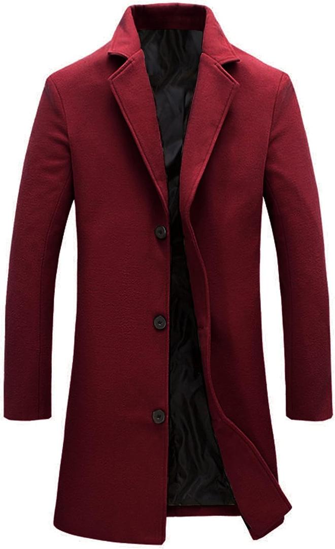 Tanming Mens Black Trench Coat Notched Lapel Single Breasted Long Peacoat Overcoat (X-Large, Red)