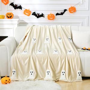 Halloween Ghost Throw Blanket 50x60, Ultra Soft Velvet All-Season Decorative Blankets with 3D Embroidered Ghost, Hidden Zipper for Duvet Insert, Cozy Bed or Sofa Blanket (White)