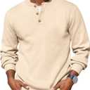 Runcati Mens Henley Knit Sweater Long Sleeve Quarter Button Pullover Sweaters Casual Fall Tops (X-Large, Beige)