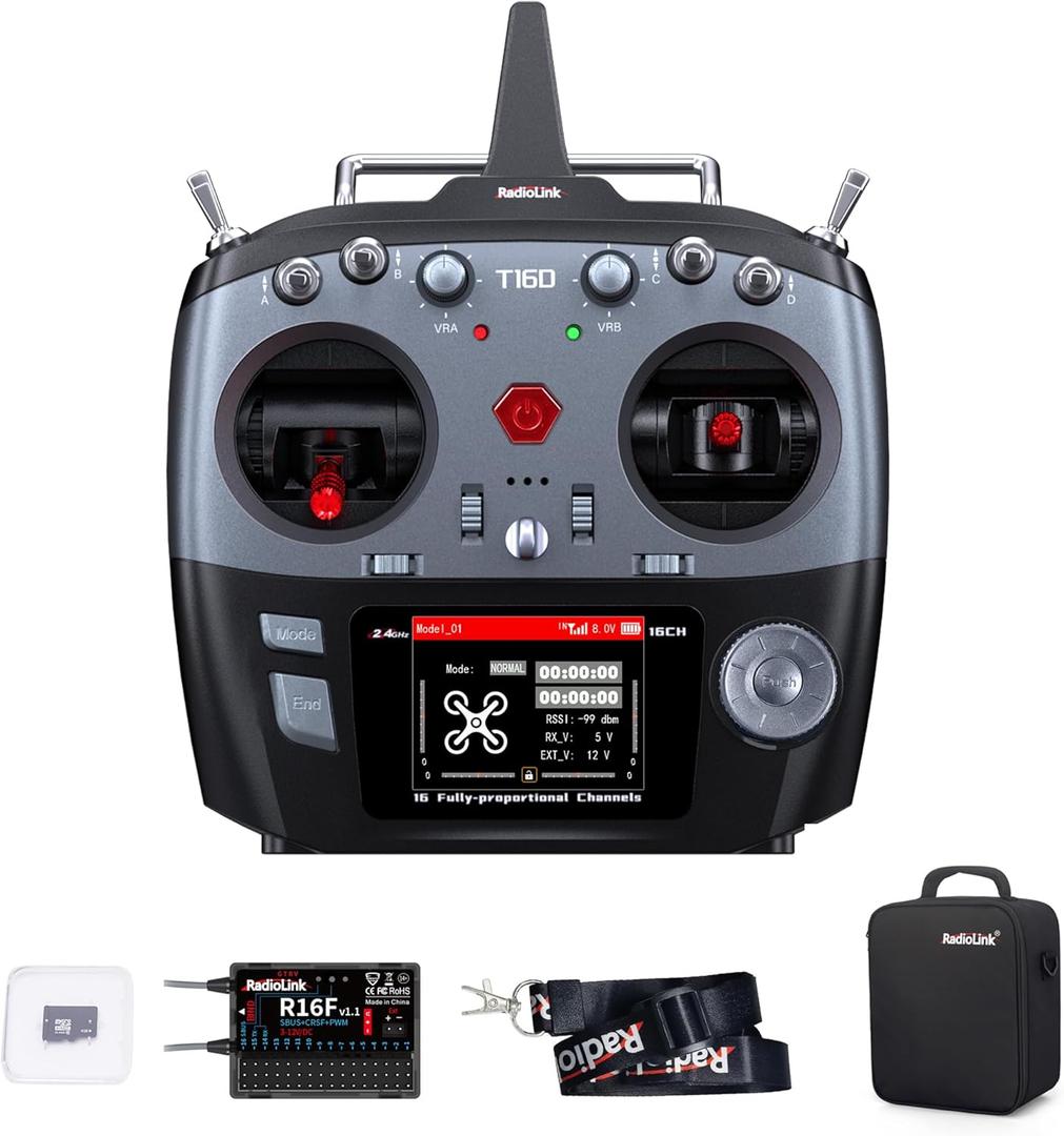 Radiolink T16D 16CH 2.4G RC Transmitter and R16F Receiver Supports ELRS/Crossfire Long Range Modules with User-Defined Voice Broadcast, 100 Models Storage for RC Airplane, Drone,Car and Boat
