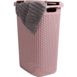 Mind Reader Slim Laundry Hamper with Lid, 60L Tall Clothes Basket, Narrow Tapered Design for Bathrooms, Closets and Laundry Rooms, Plastic, Pink