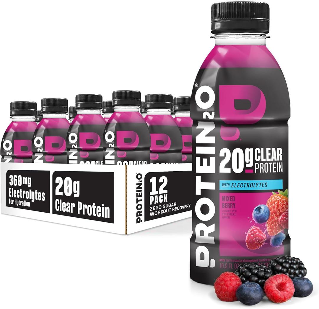 Protein2o Hydration Drink - 2-in-1 Liquid Clear Whey Protein Isolate and Electrolyte Drink - 20g Protein, Vitamins B5, B6 - Post-Workout Recovery - 16.9 Fl Oz - 12 Count Mixed Berry (EXP 10/01/27)