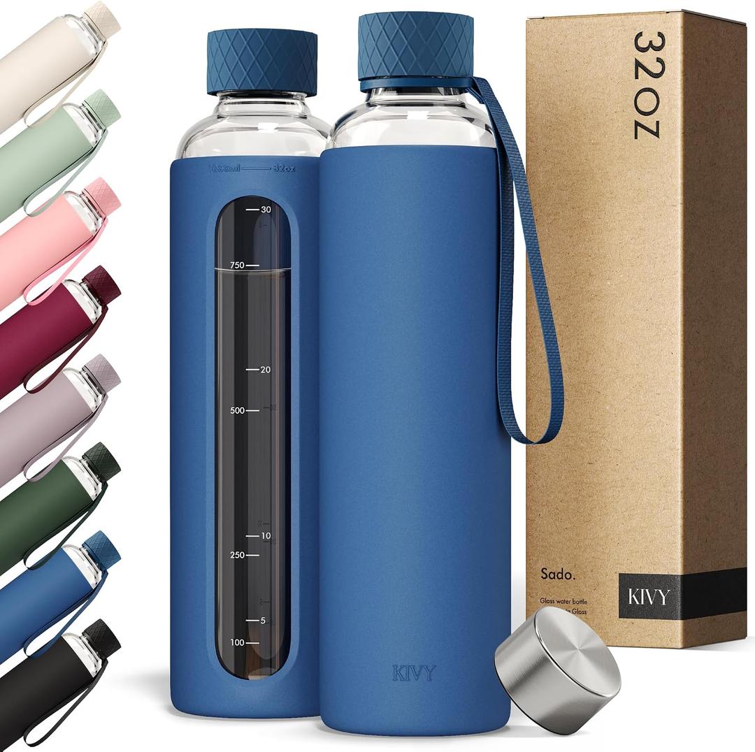 KIVY Glass Water Bottle with Silicone Sleeve 32 oz [WITH MEASUREMENT] - Borosilicate Glass Water Bottle Screw Top - Clear Bottles with Measurement Marking - Slim Waterbottle Aesthetic - Dark Blue